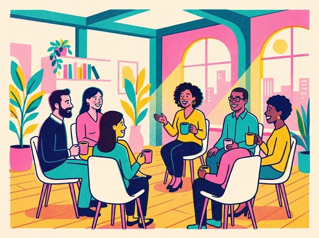 Risograph illustration of coworkers sitting in a circle with coffee mugs doing a fun icebreaker in a bright office