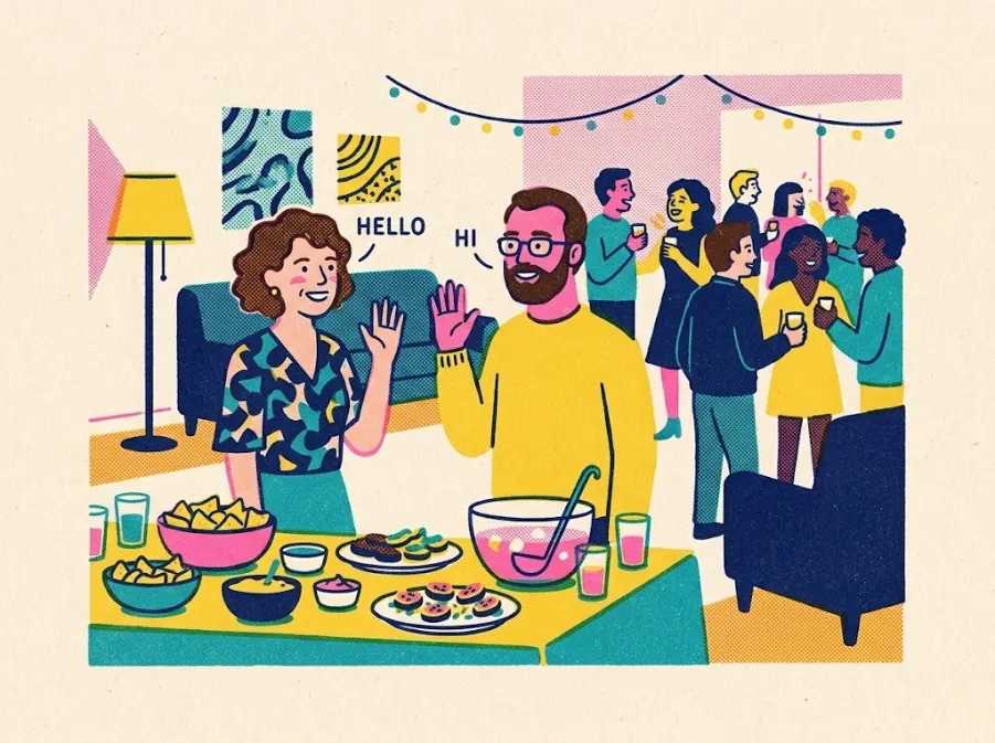 Risograph illustration of two strangers waving hello at a house party snack table, using ice breaker questions to start talking
