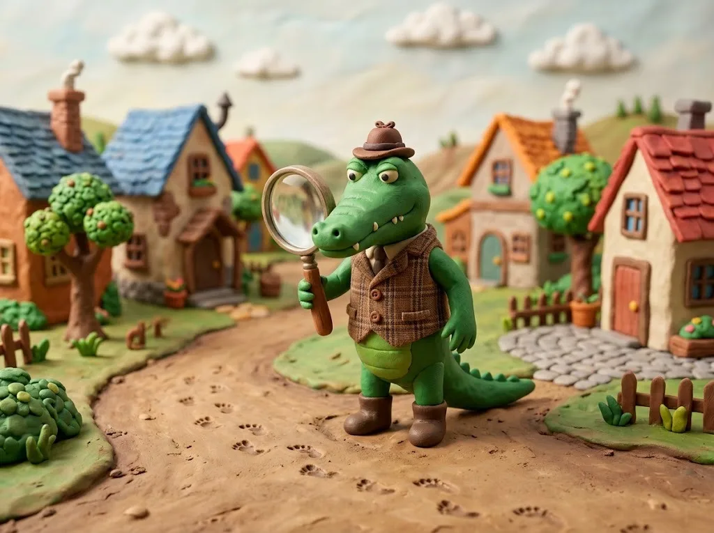 Claymation alligator detective in a vest with a magnifying glass illustrating the investigator corny joke
