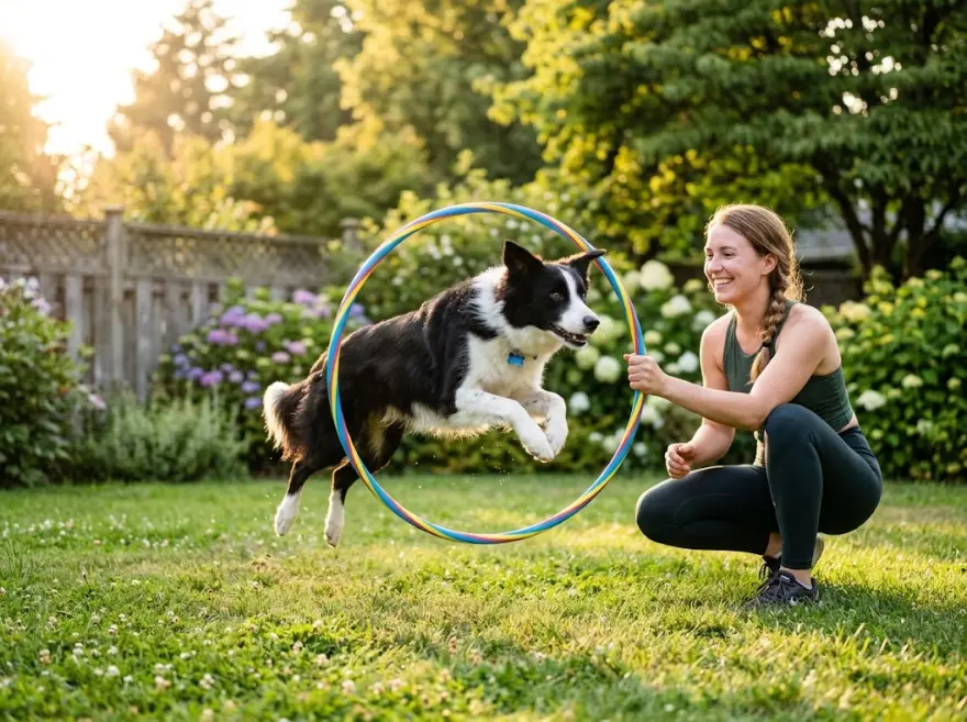 Adult dog jumping through a low hula hoop held by its owner in a backyard