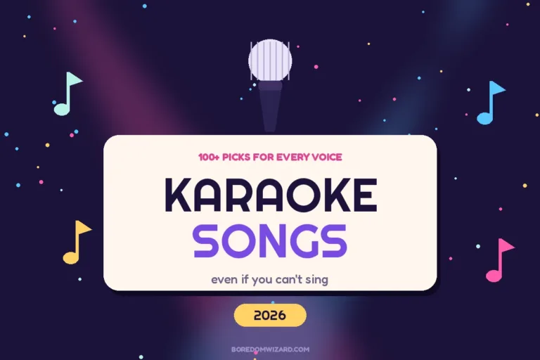 Karaoke songs 2026 cover: a microphone and colorful stage spotlights above a centered title card reading Karaoke Songs, even if you can't sing
