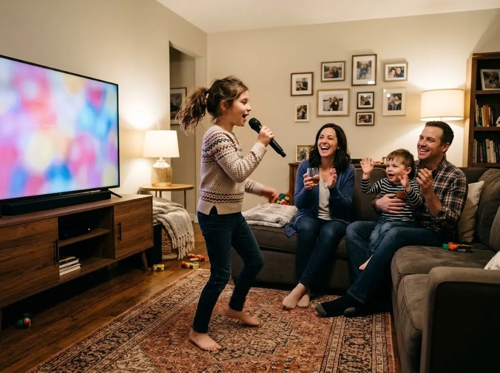 Karaoke songs for kids: a young girl singing into a microphone while her family cheers from the couch