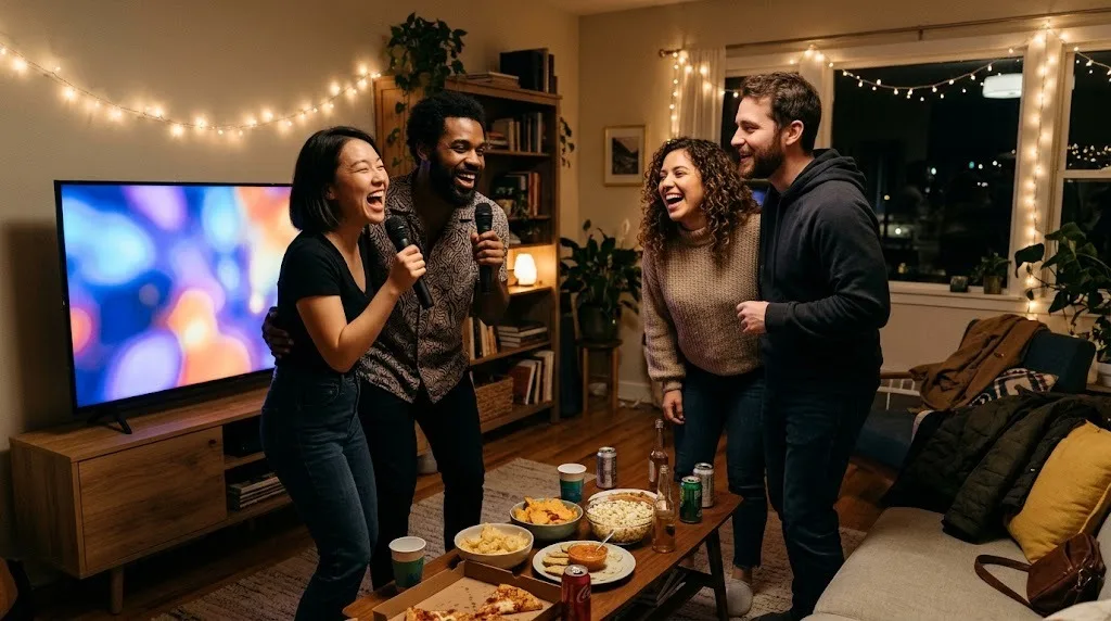 Karaoke songs night at home: four friends singing into microphones and laughing in a living room with string lights