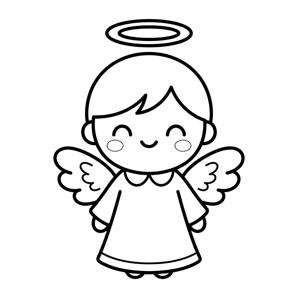 Easy kawaii angel drawing with a big round head, closed happy eyes, a halo and small fluffy wings
