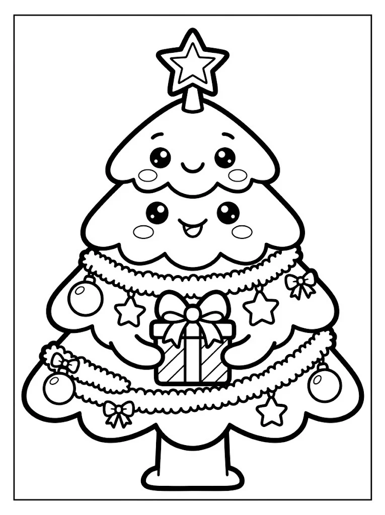 Cute kawaii Christmas tree coloring page with a happy face holding a gift