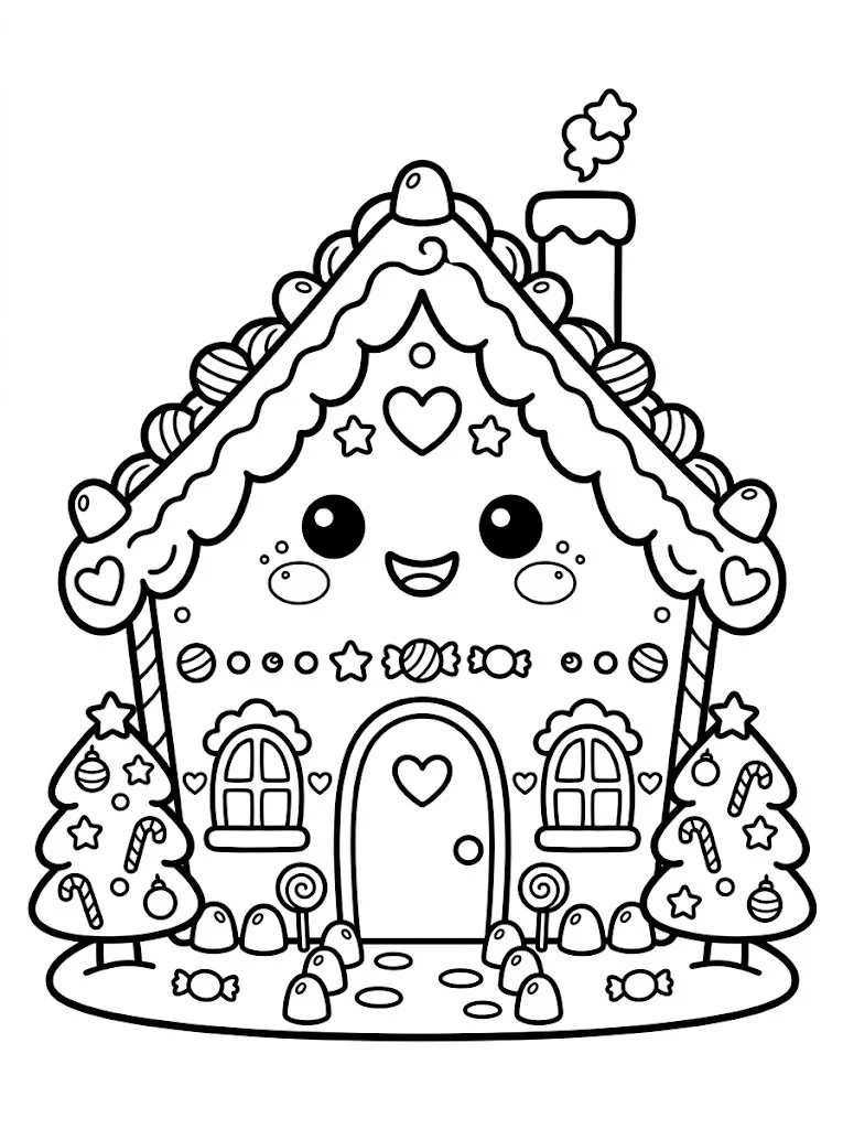 Cute kawaii gingerbread house coloring page with candy decorations and a smiling face