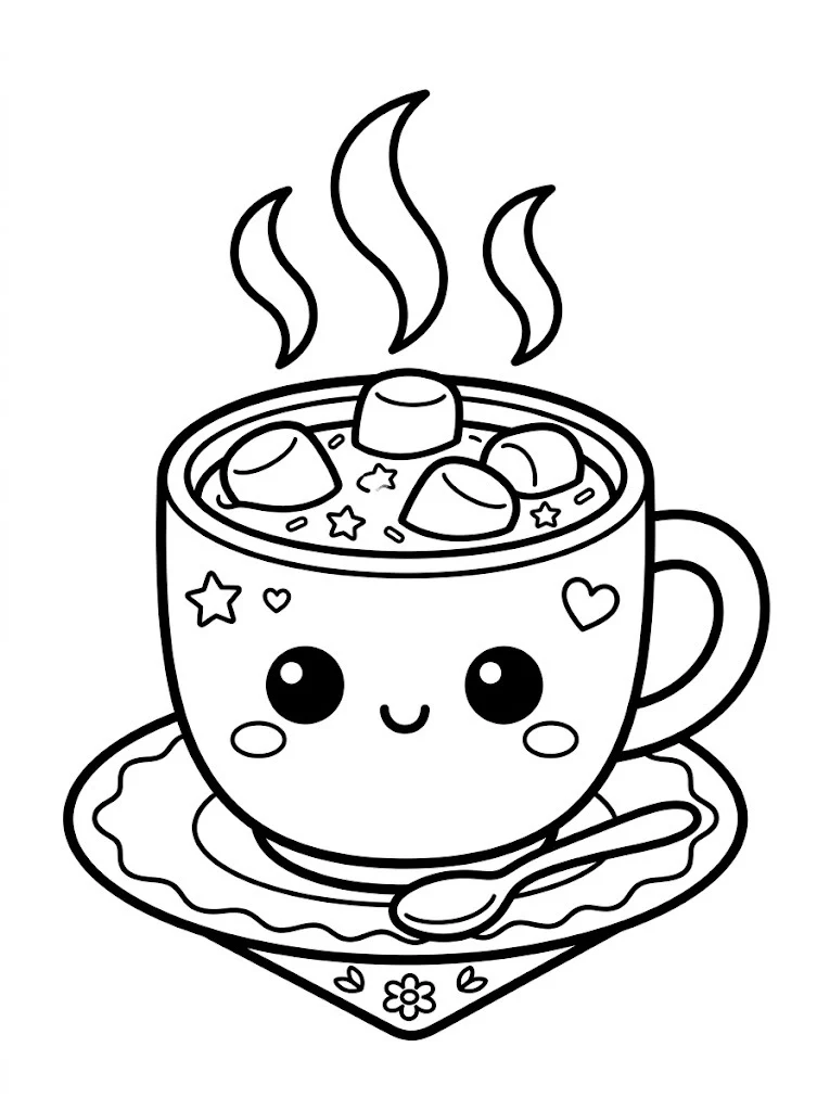 Cute kawaii hot cocoa mug coloring page with marshmallows and a happy face