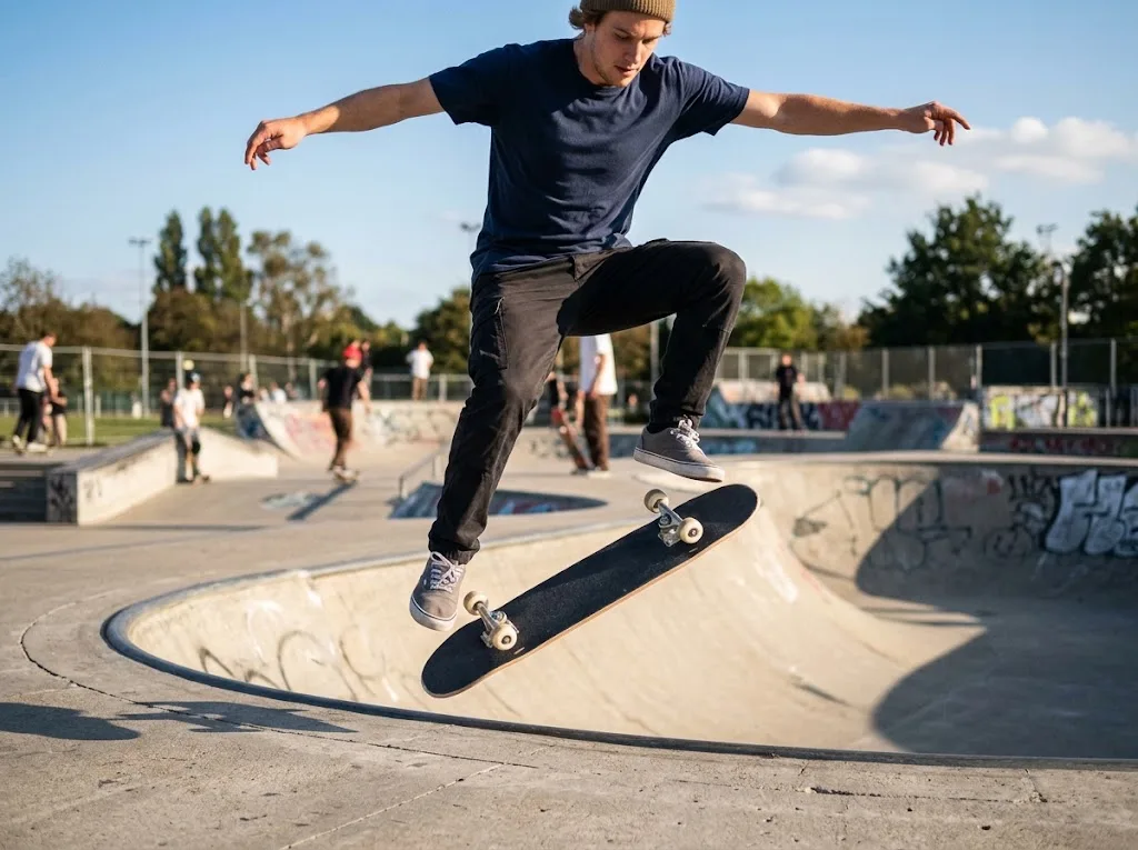Skateboarder mid-kickflip with the board flipping under their feet at a concrete skatepark