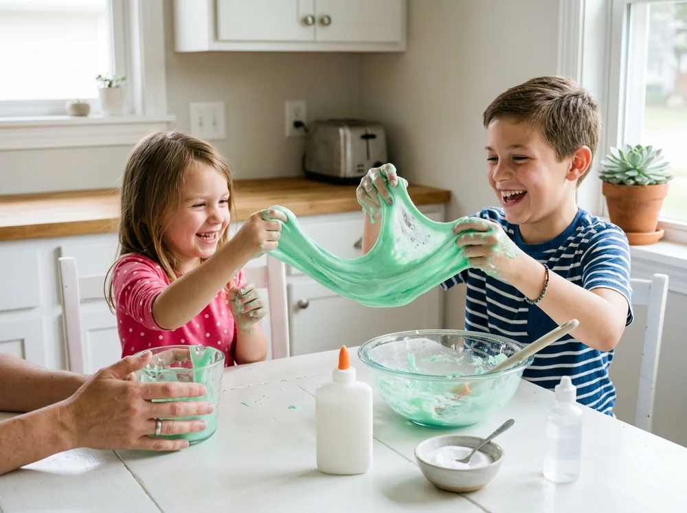 Kids stretching homemade glue slime at a kitchen table with bowls of glue, baking soda and contact solution