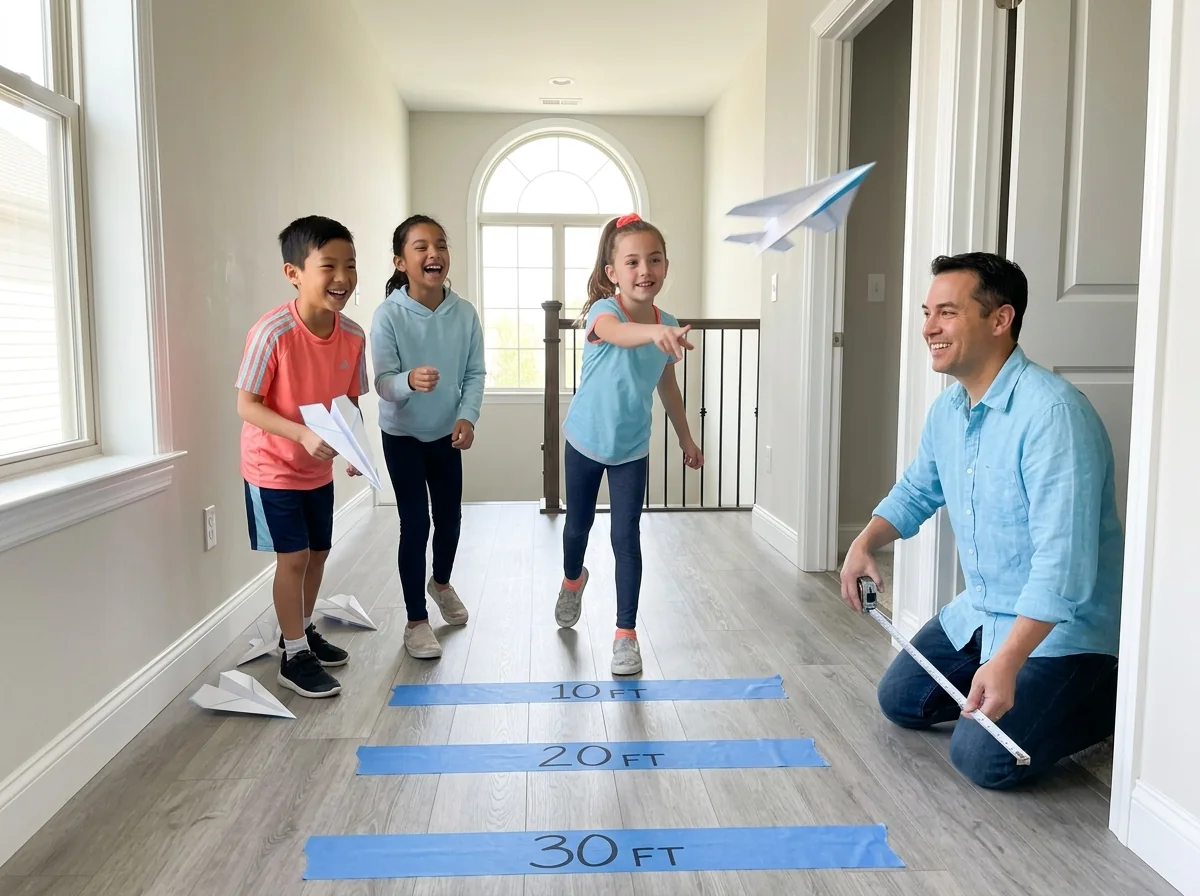 Kids throwing paper airplanes in a hallway during a distance contest with tape marks on the floor