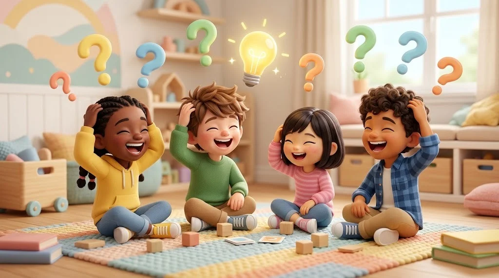 Cute 3D illustration of four happy kids on a playroom rug solving riddles with colorful question marks and a lightbulb floating above them