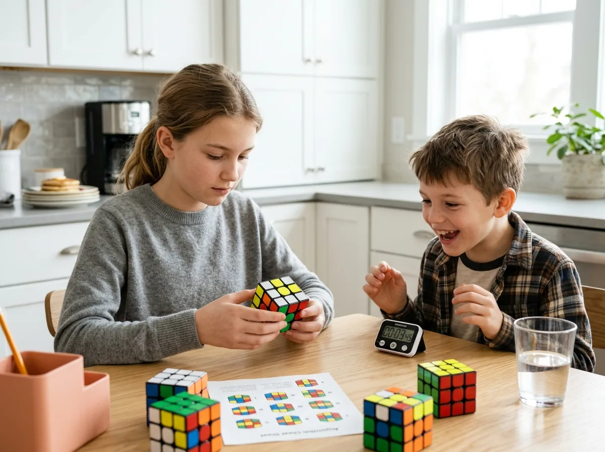 Two kids practicing Rubik's cube algorithms at a kitchen table with a speedcubing timer