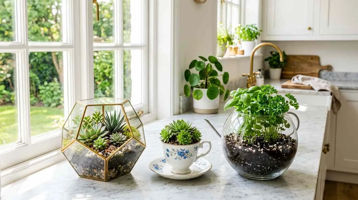kitchen counter showing three open terrariums