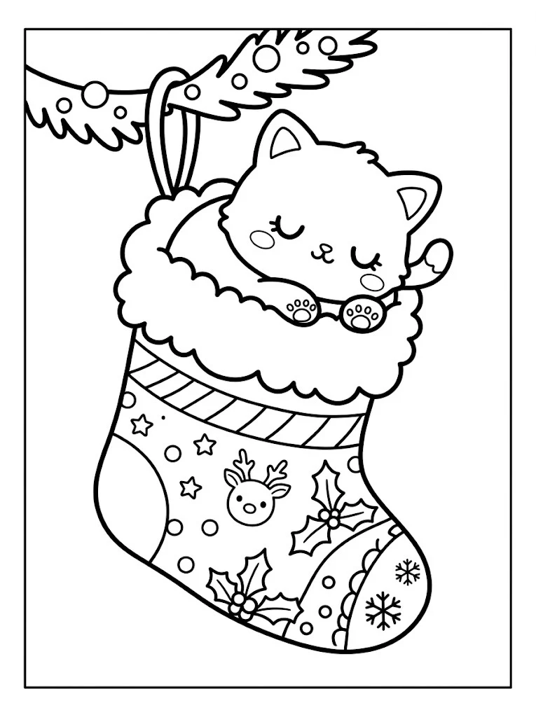 Cute kitten sleeping inside a Christmas stocking coloring page