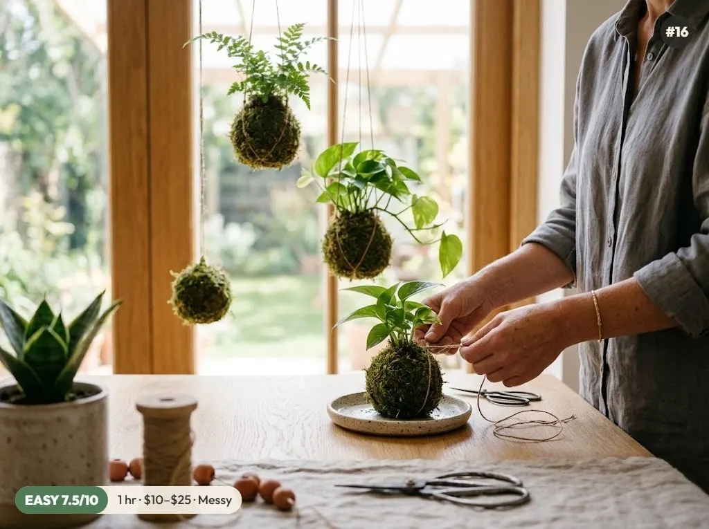 Three kokedama moss ball plants hanging on twine at different heights in front of a bright window