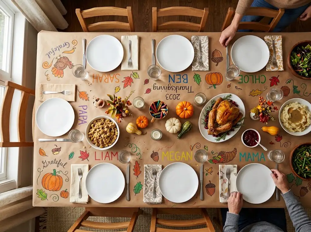 Kraft paper Thanksgiving tablecloth with handwritten names, doodles and mini pumpkins on a family table