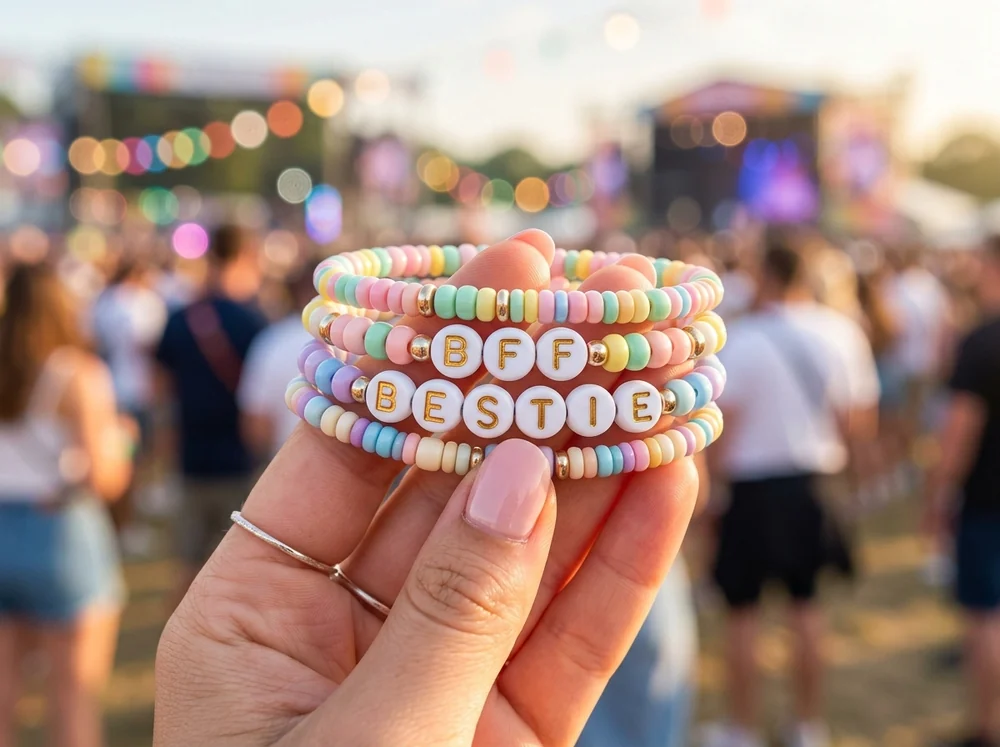 Colorful letter bead friendship bracelets spelling BFF and BESTIE stacked for a concert trade