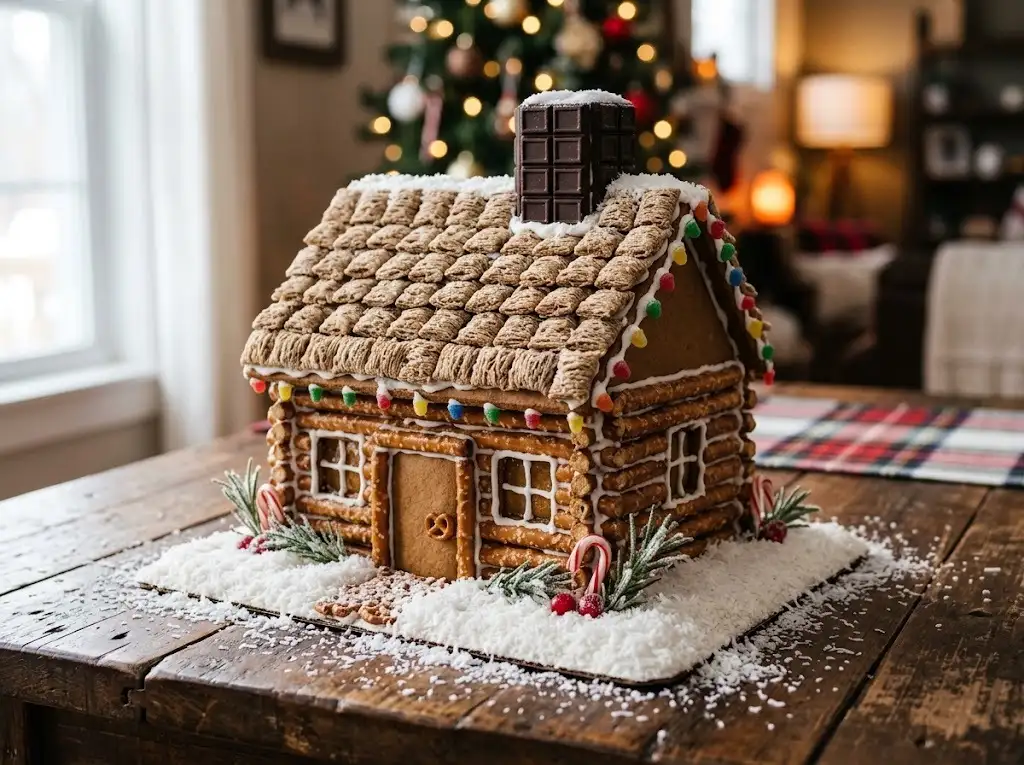 Rustic log cabin gingerbread house with pretzel rod walls, a cereal roof, a chocolate chimney and coconut snow
