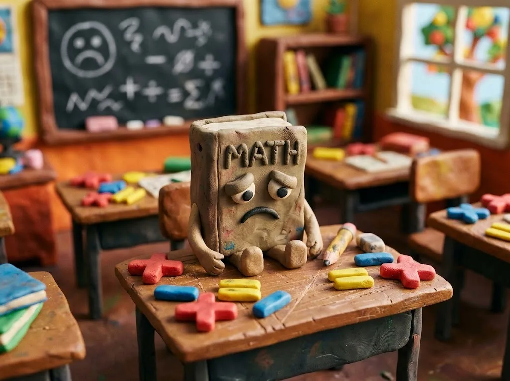 Sad claymation math book surrounded by math symbols illustrating the too many problems corny joke