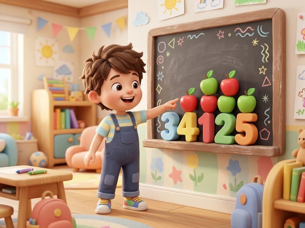 Cheerful 3D kid at a chalkboard counting colorful number blocks and apples while solving math riddles