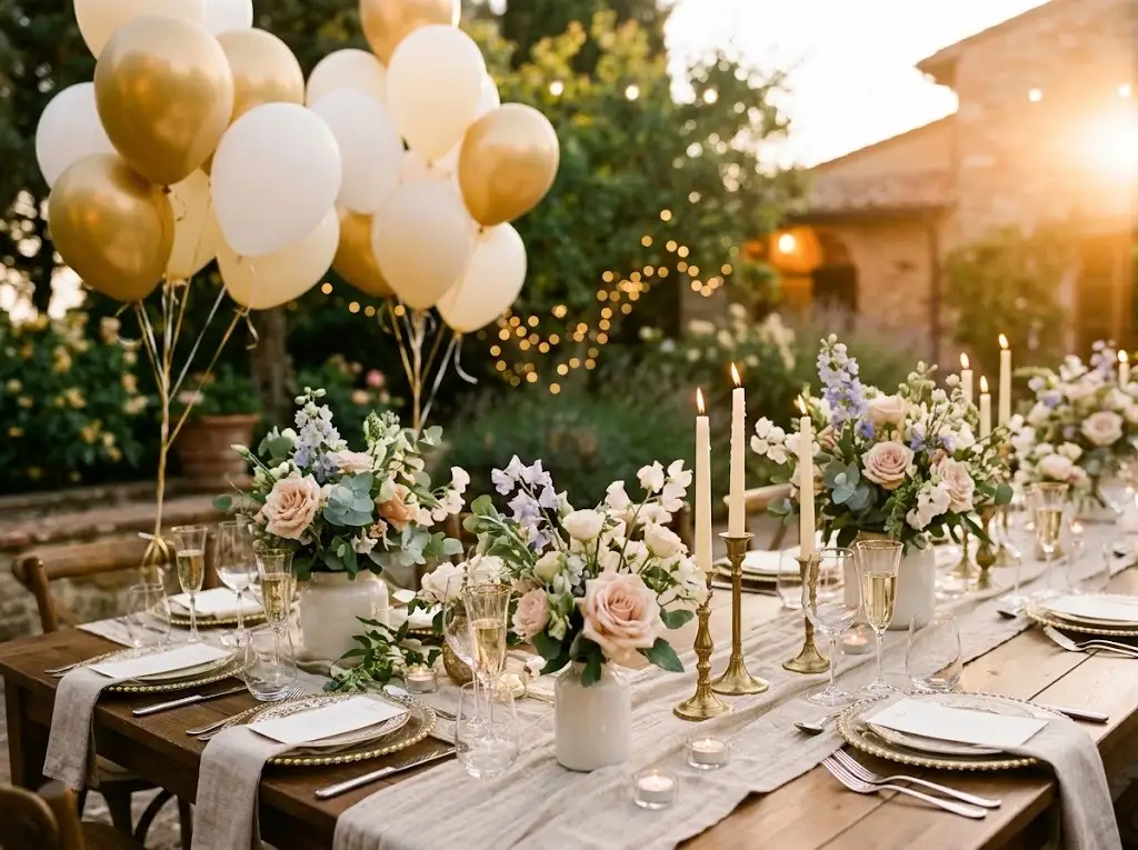 Elegant milestone birthday dinner party table with gold balloons, candles, flowers and glasses