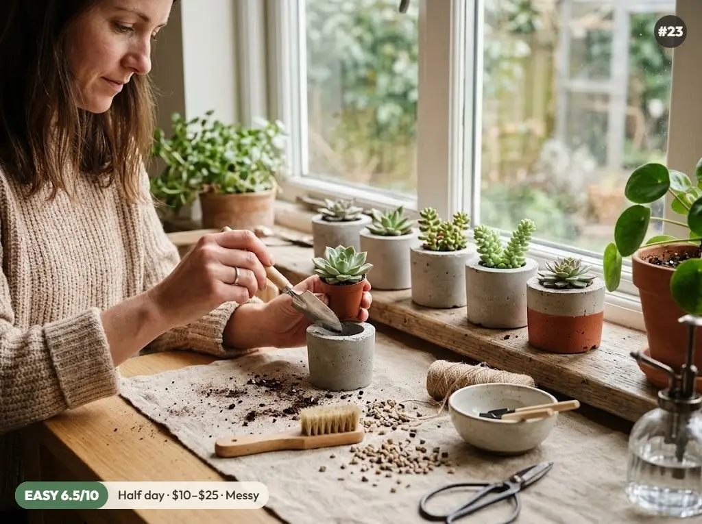 Small handmade concrete planters with succulents on a windowsill, one painted with a terracotta color block
