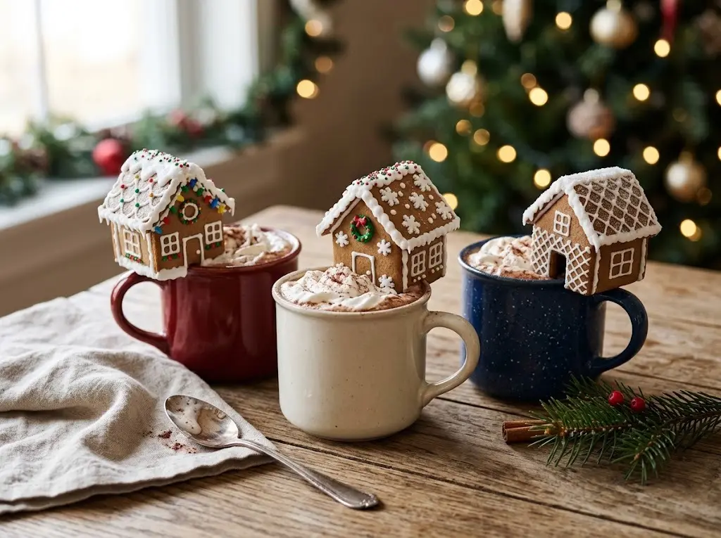 Three mini gingerbread houses sitting on the rims of hot cocoa mugs with whipped cream