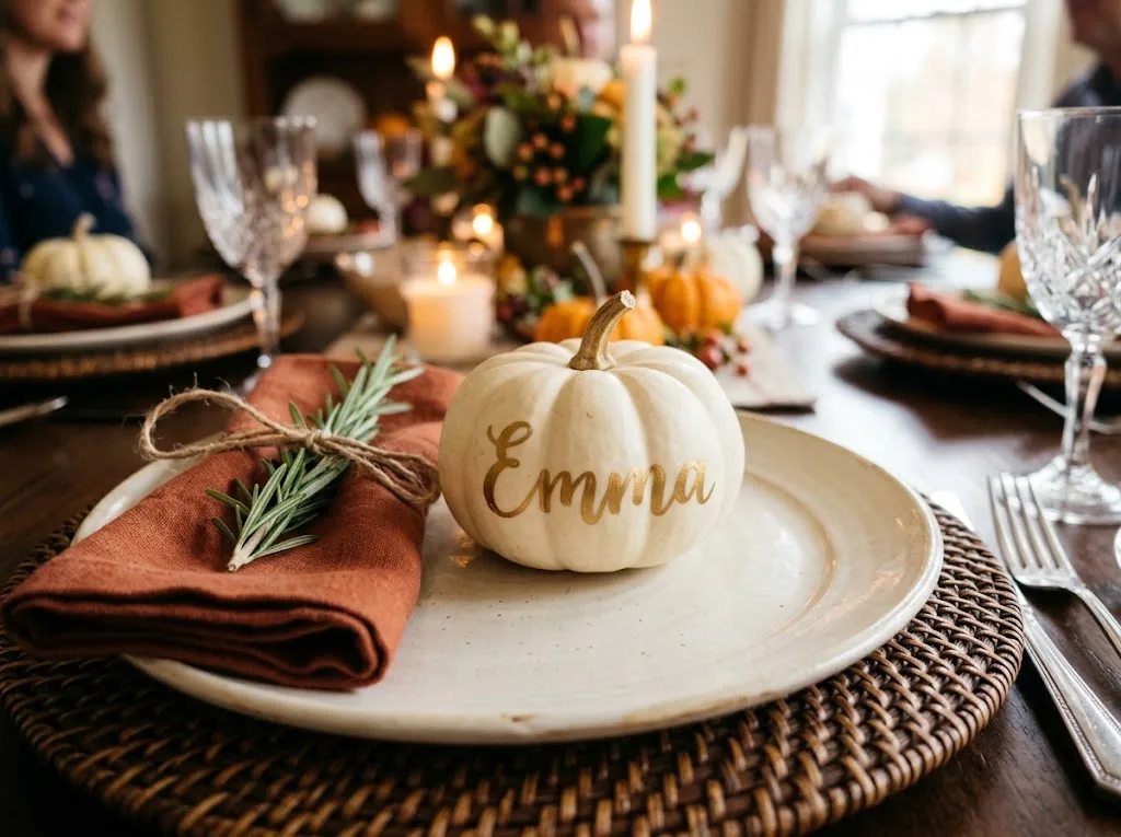 Mini white pumpkin place card with a handwritten gold name on a Thanksgiving dinner plate with a linen napkin