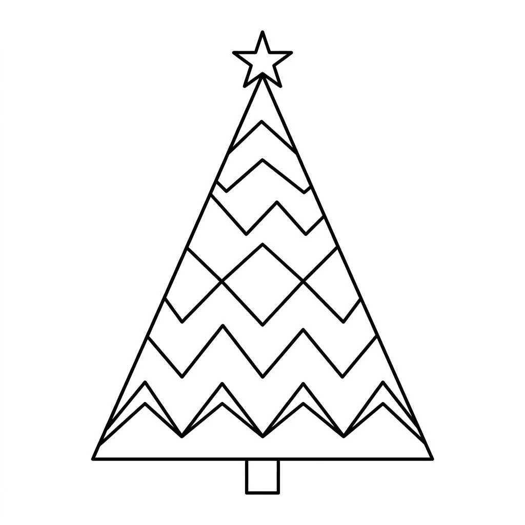 Simple Christmas tree drawing of a minimalist geometric triangle with zigzag lines, a small star and a tiny trunk