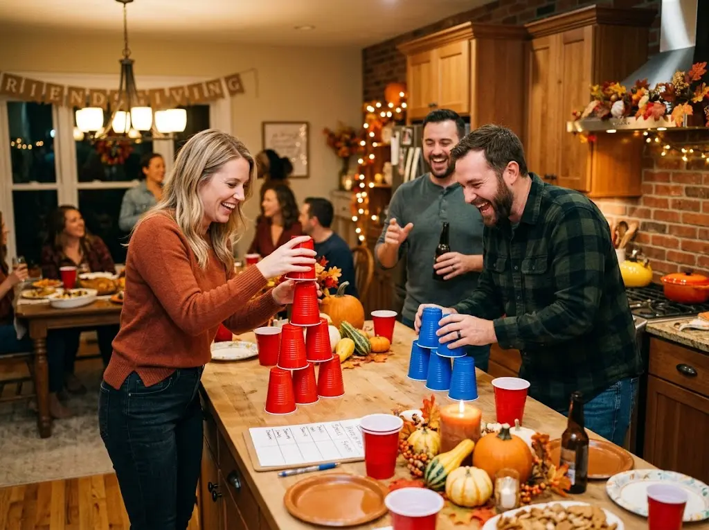 Adults laughing while racing to stack plastic cups in a Minute to Win It Thanksgiving game