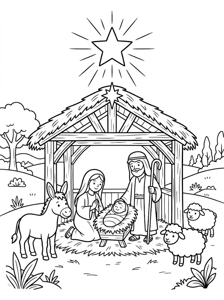 Simple nativity coloring page with a manger, a star above the stable, sheep and a donkey