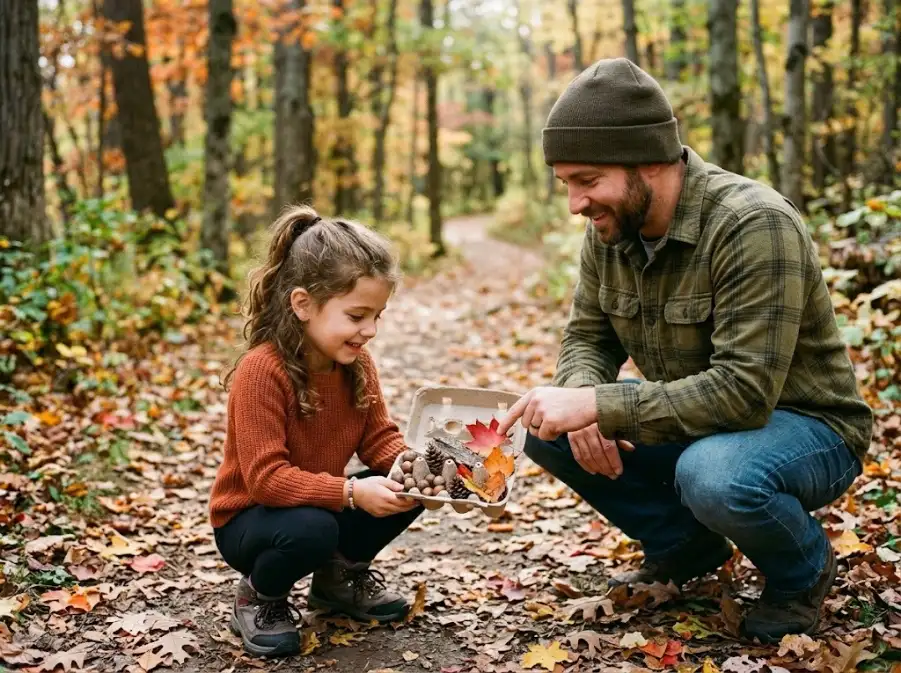 Outdoor scavenger hunt ideas: a young girl collecting acorns, pinecones and fall leaves in an egg carton on a trail with her dad