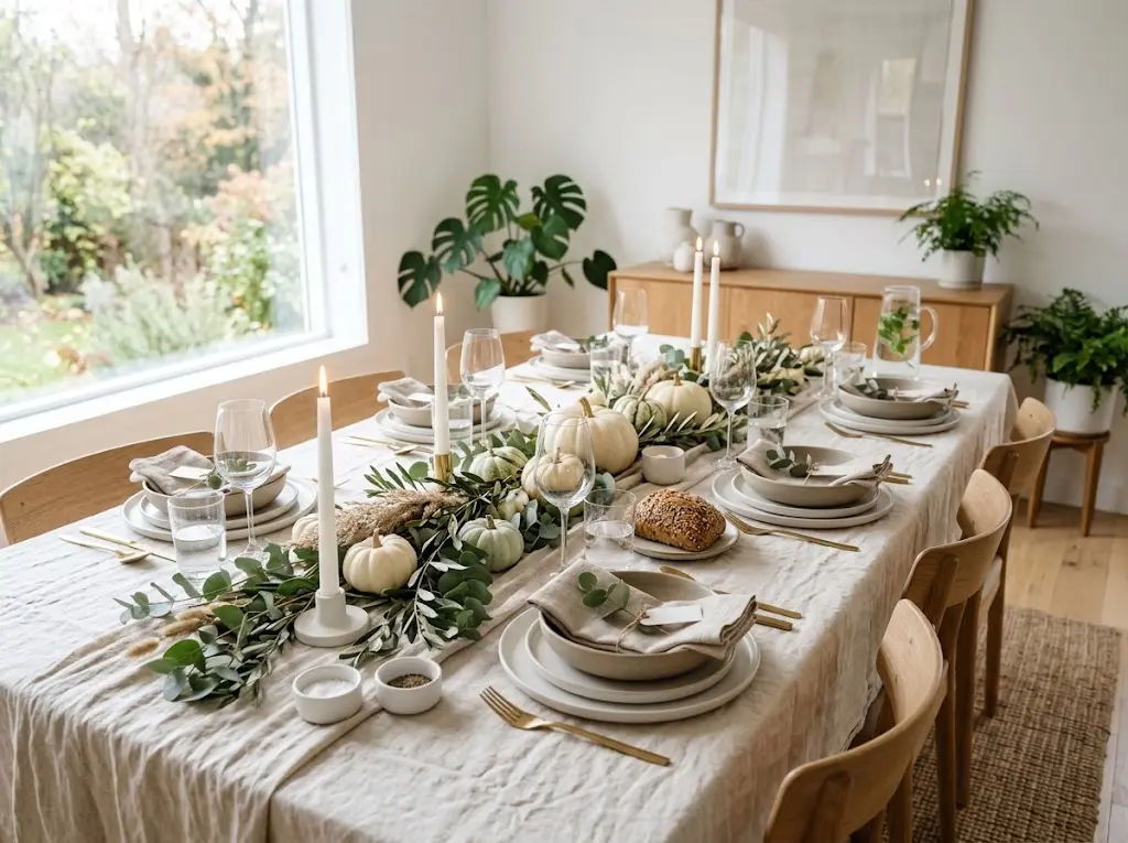 Modern Thanksgiving tablescape with white pumpkins, cream linen, white plates and eucalyptus