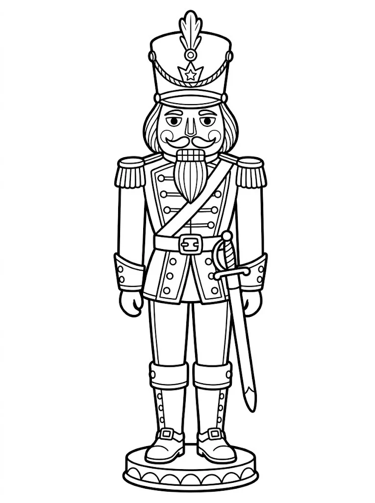 Nutcracker soldier coloring page standing tall with a tall hat