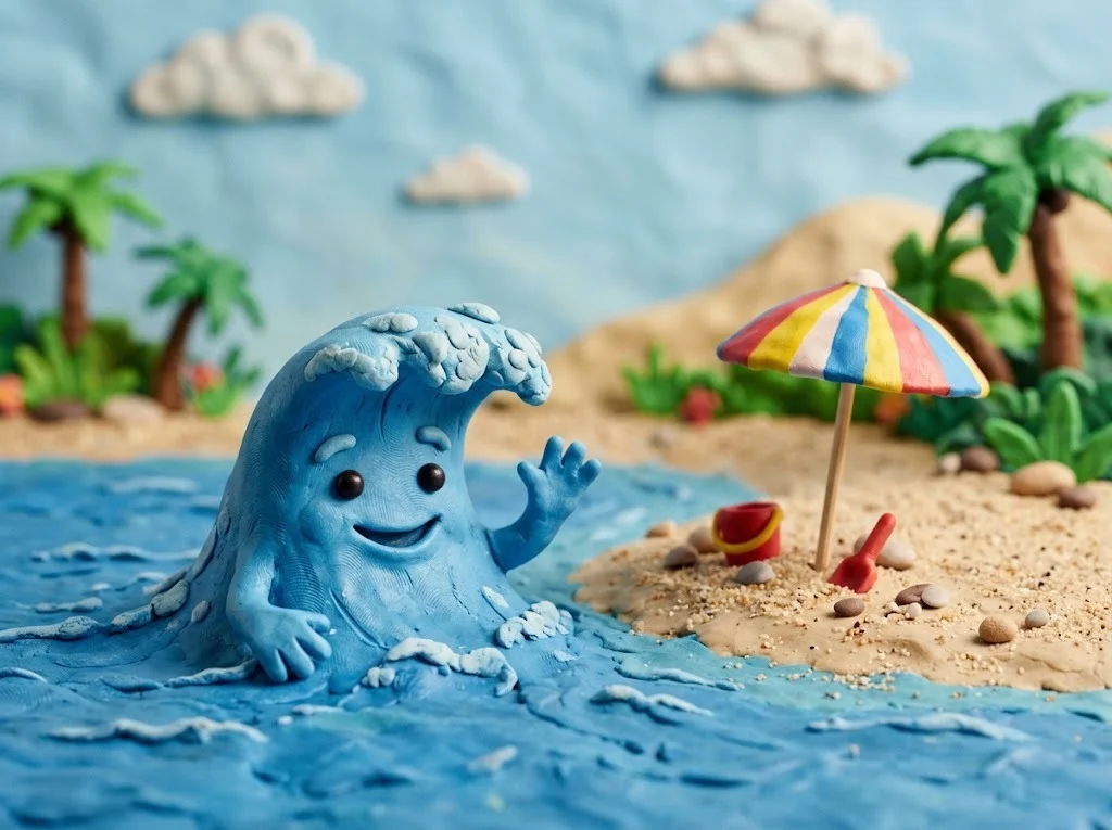 Smiling claymation ocean wave waving at a beach illustrating the corny joke about the ocean saying nothing and waving