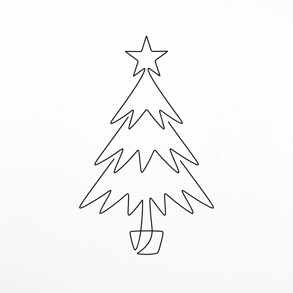 Minimalist one-line Christmas tree drawing with a star in a single continuous line