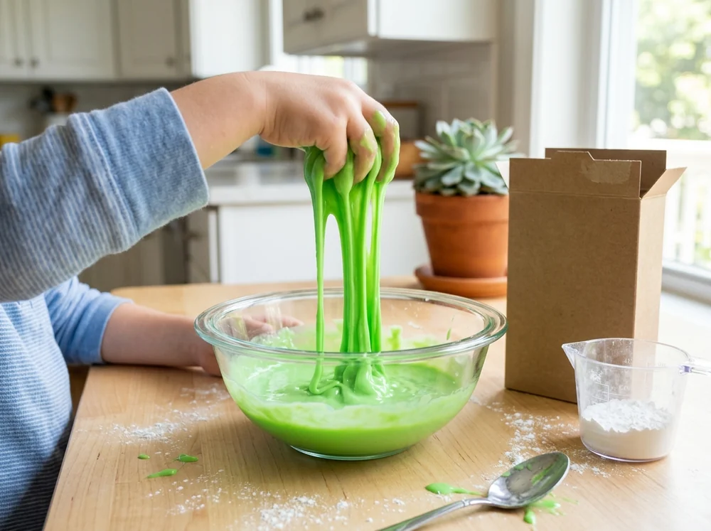 Green oobleck cornstarch slime dripping from a child's hand into a bowl