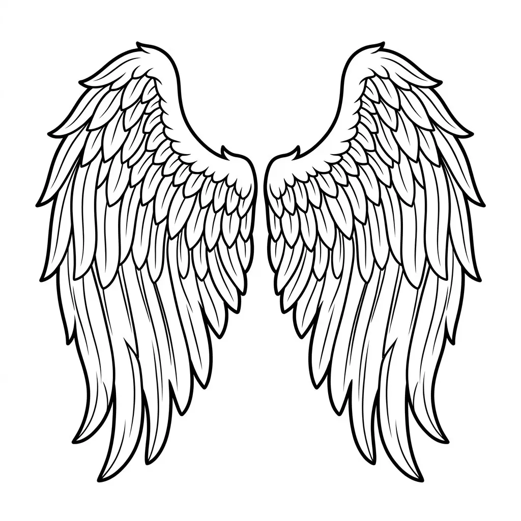 Angel wings drawing of a symmetrical pair of open spread wings with layered feathers