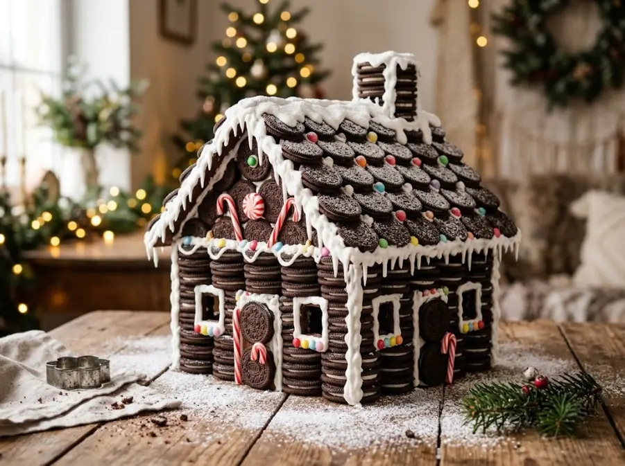 Gingerbread house made from stacked chocolate sandwich cookies with white icing joins and snow