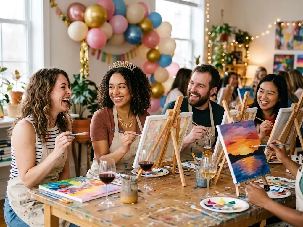 Adult friends at a painting party for a birthday, each with a canvas, smiling with balloons behind them