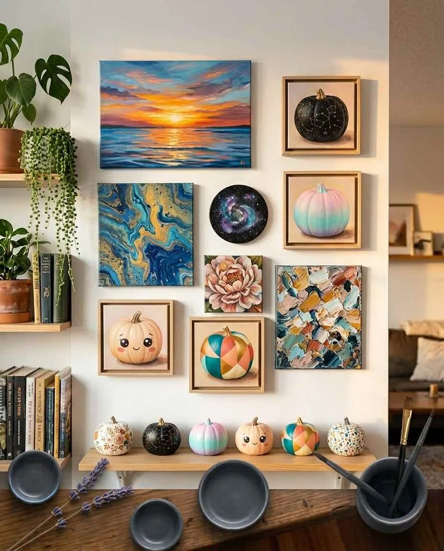 paintings displayed on a gallery wall