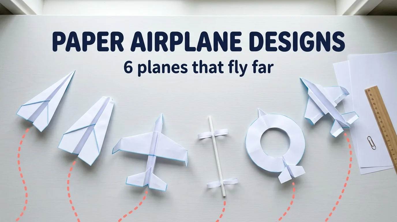 Six different paper airplane designs, including a dart, a glider, a hoop glider and a ring wing, on a bright desk