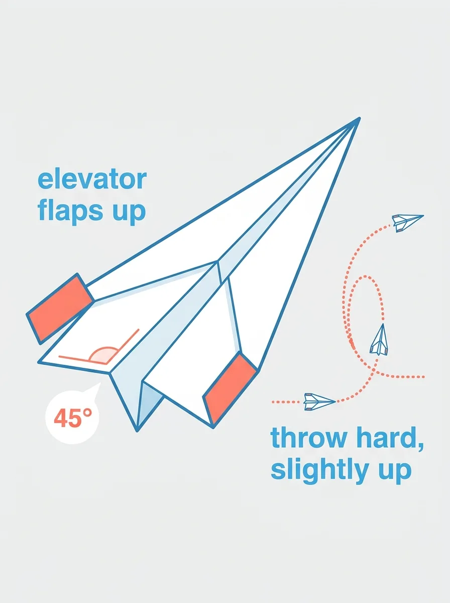 How to make a paper airplane do loops: elevator flaps bent up at the back of the wings