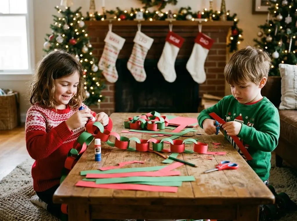 Paper chain Christmas countdown: two kids gluing red and green paper strips into a countdown chain at a living room coffee table