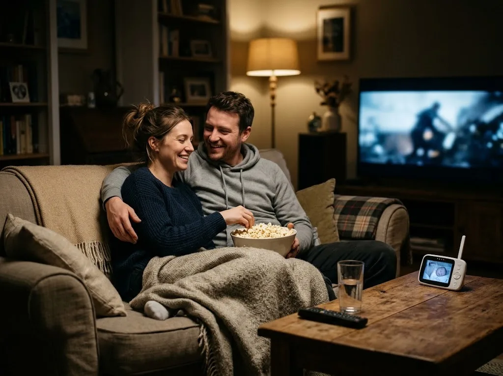 Parents watching a movie with popcorn on the sofa after bedtime with a baby monitor on the table