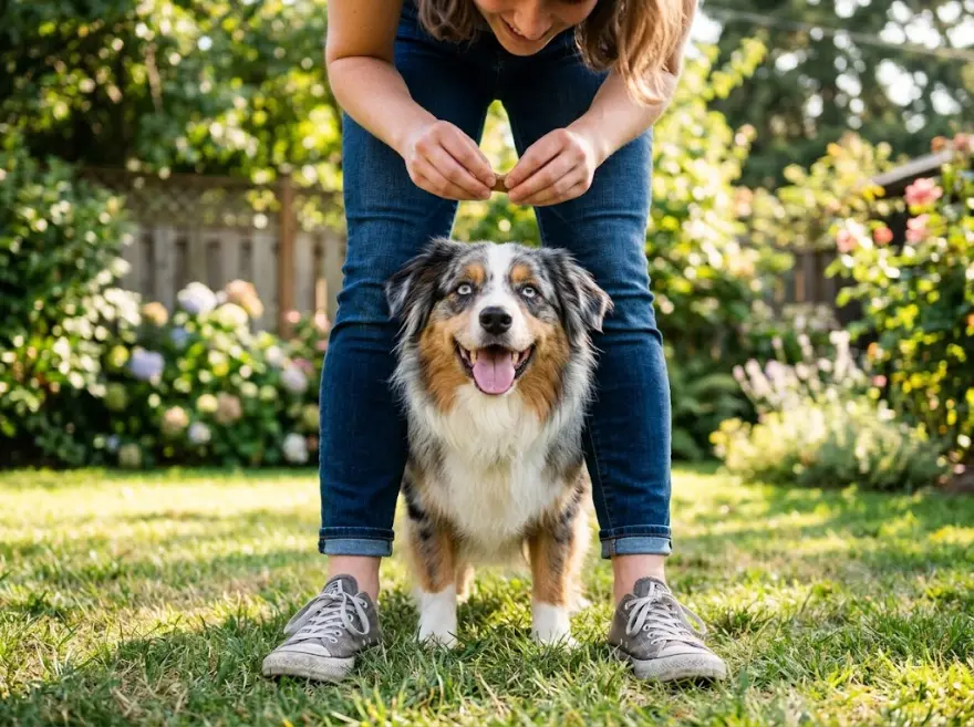 Dog poking its head out between its owner's legs doing the peekaboo trick