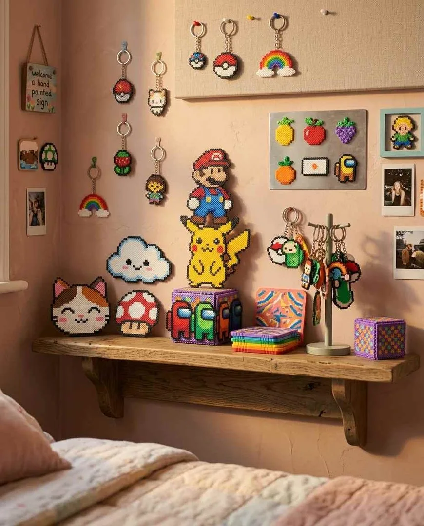 perler bead collection displayed on a wall and shelf