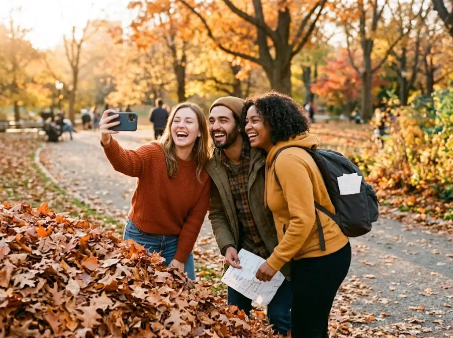 Photo scavenger hunt ideas: three friends taking a group selfie by a pile of autumn leaves in a city park