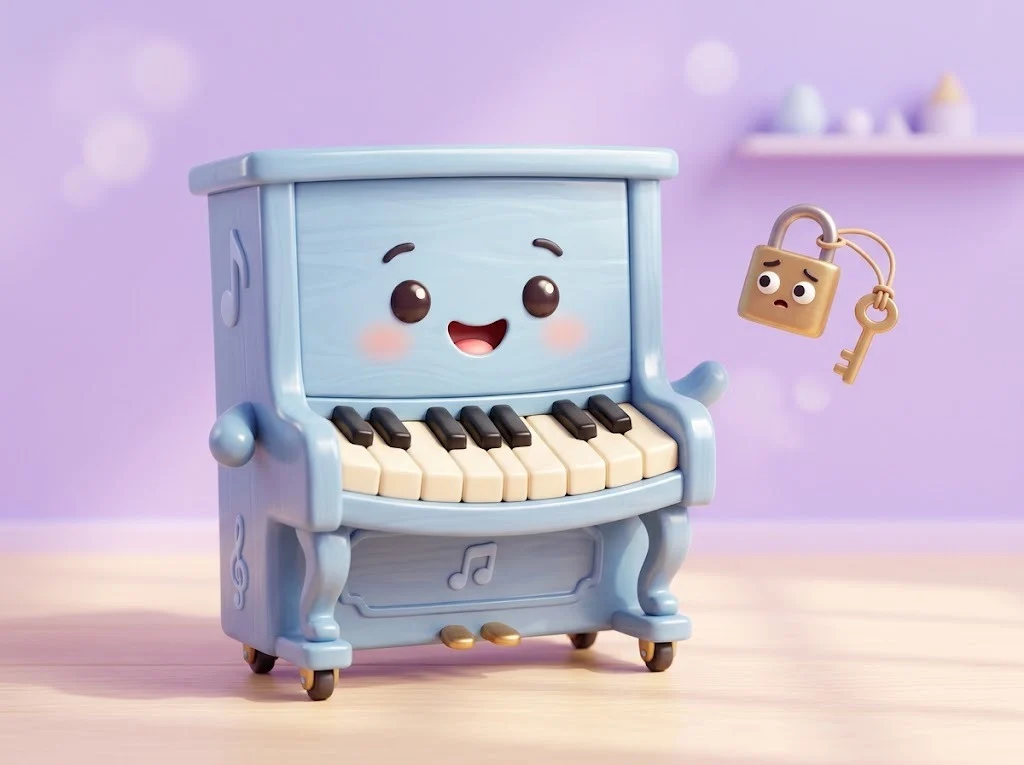 Cute 3D piano character with big keys next to a confused little padlock, the answer to a tricky riddle for kids
