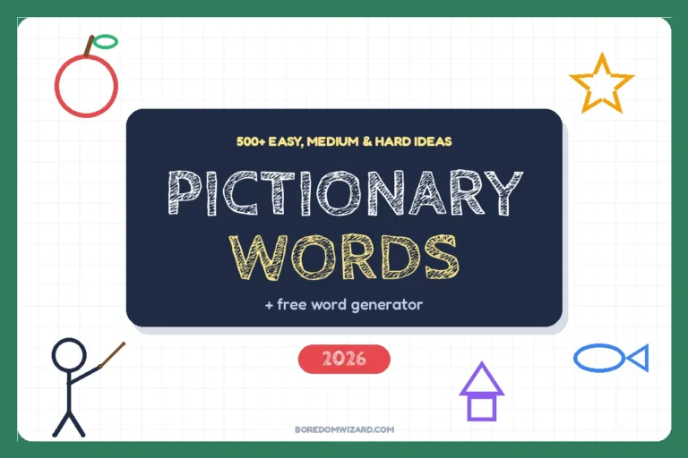Pictionary words 2026 cover: a navy card with the centered title Pictionary Words on a whiteboard surrounded by simple doodles of an apple, star, fish, house and stick figure